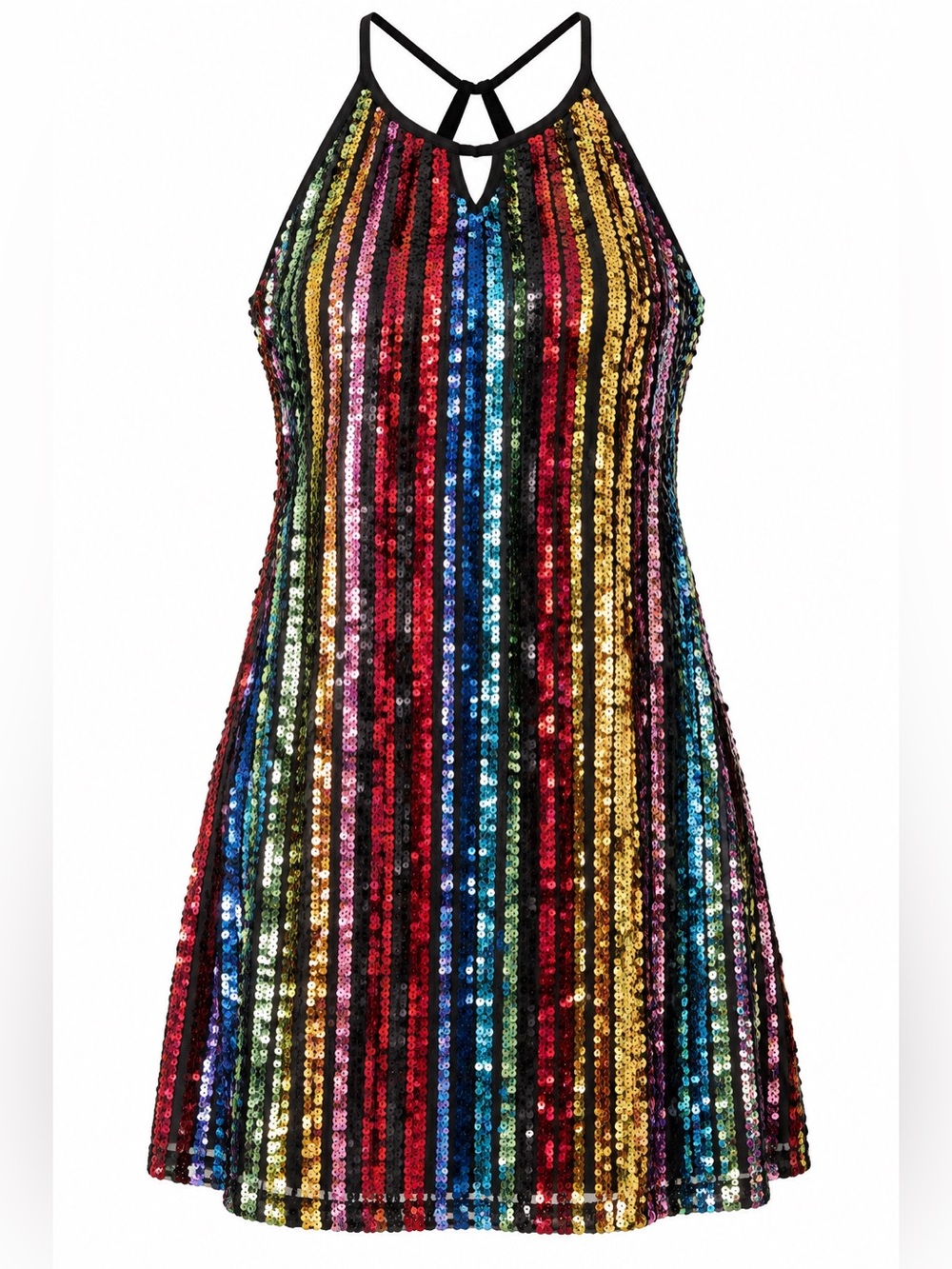 SHEIN Rainbow Sequin Stripe Mini Party Dress Black XL Y2K Festival